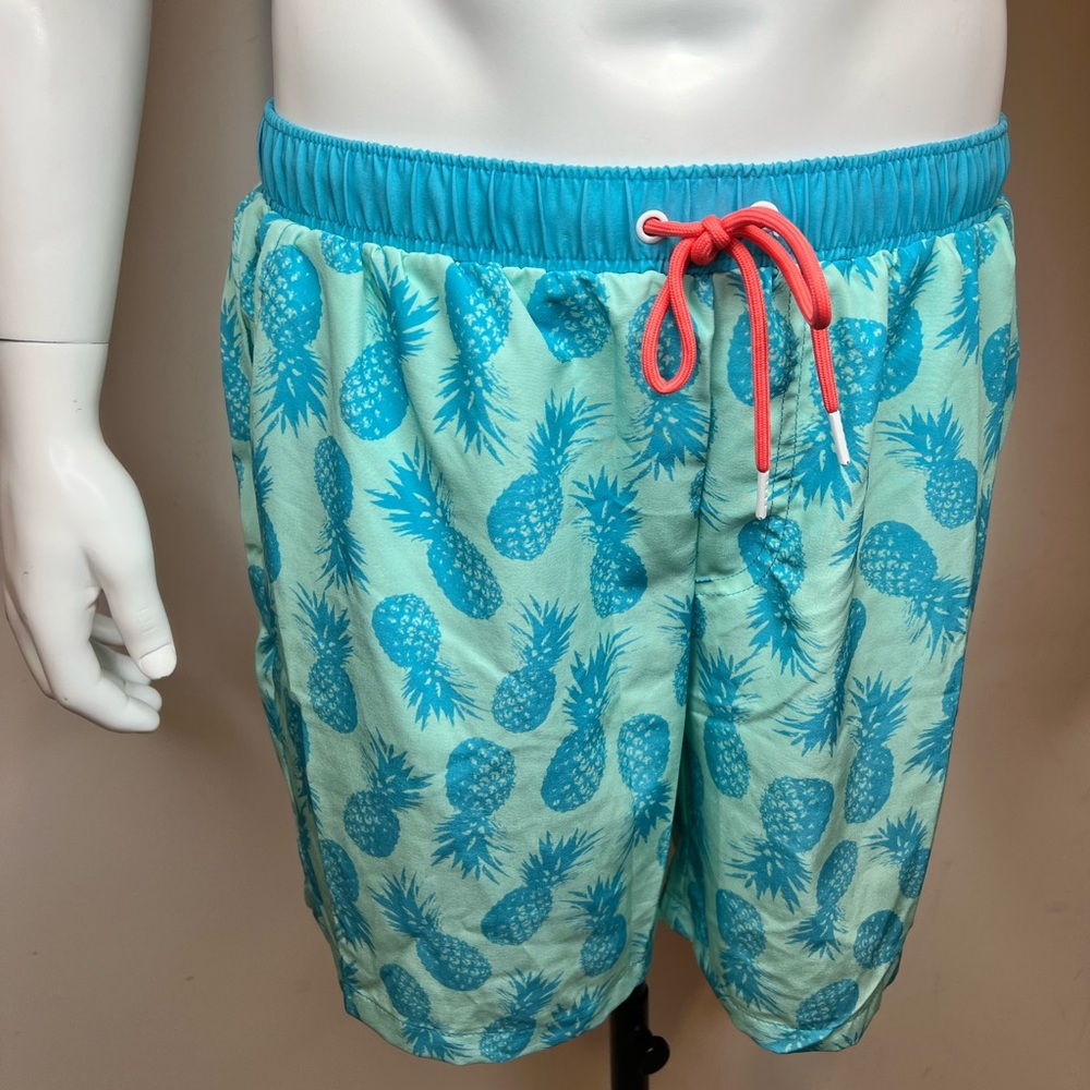 MOSMANN AUSTRALIA BATHING SUIT, TRUNKS,TURQUOISE W/PINEAPPLE FRUITS,360 STRETCH